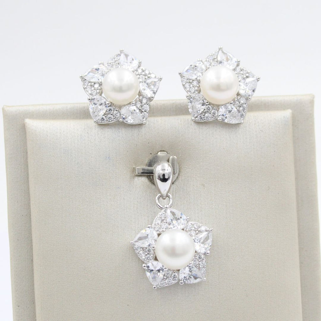Silver Pearl & CZ Floral 925 Sterling Silver Pendant Earring Set