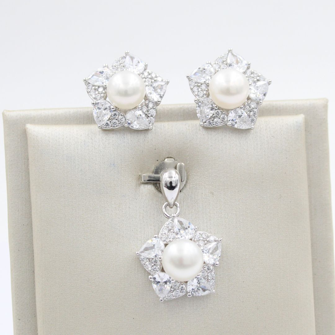 Silver Pearl & CZ Floral 925 Sterling Silver Pendant Earring Set