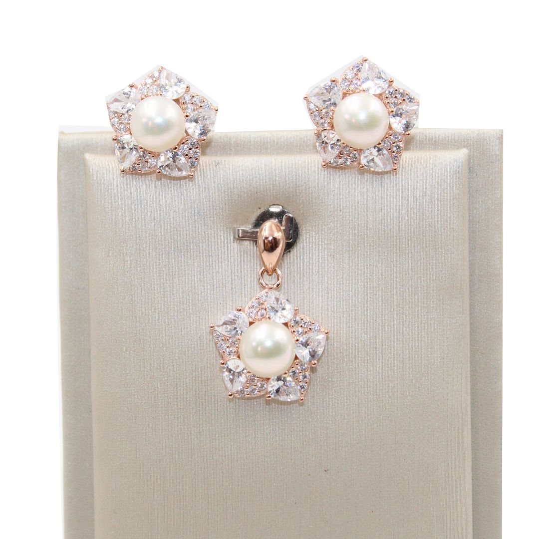 Rose Gold Pearl & CZ Floral 925 Sterling Silver Jewelry Set