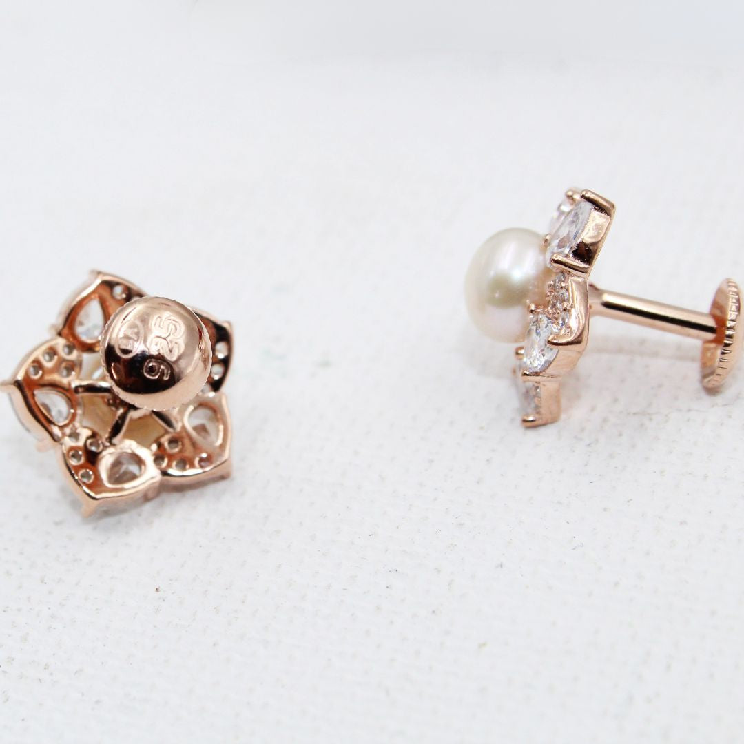 Rose Gold Pearl & CZ Floral 925 Sterling Silver Jewelry Set