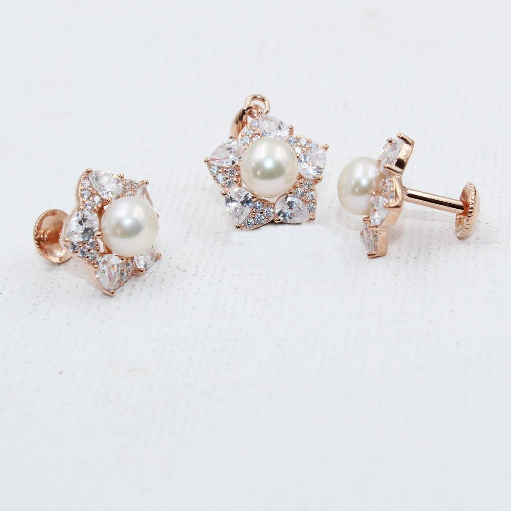 Rose Gold Pearl & CZ Floral 925 Sterling Silver Jewelry Set