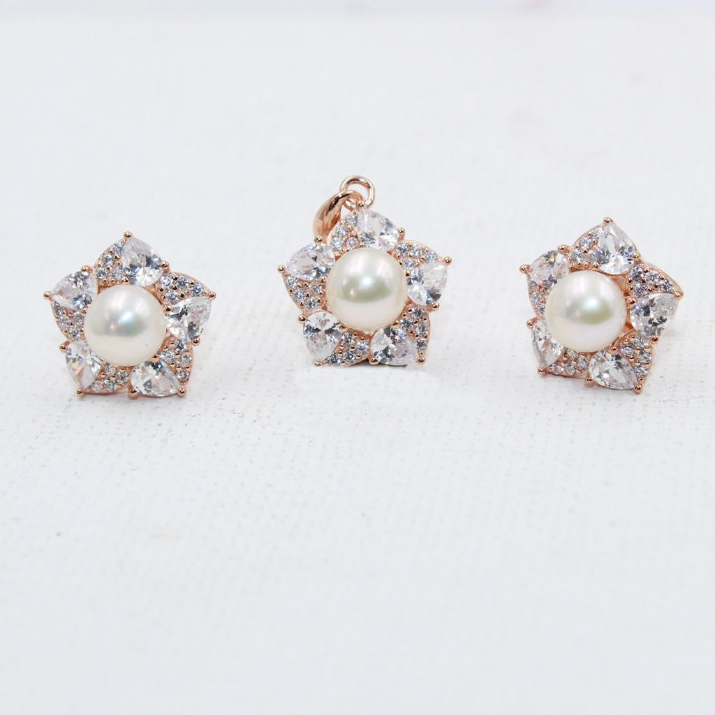 Rose Gold Pearl & CZ Floral 925 Sterling Silver Jewelry Set