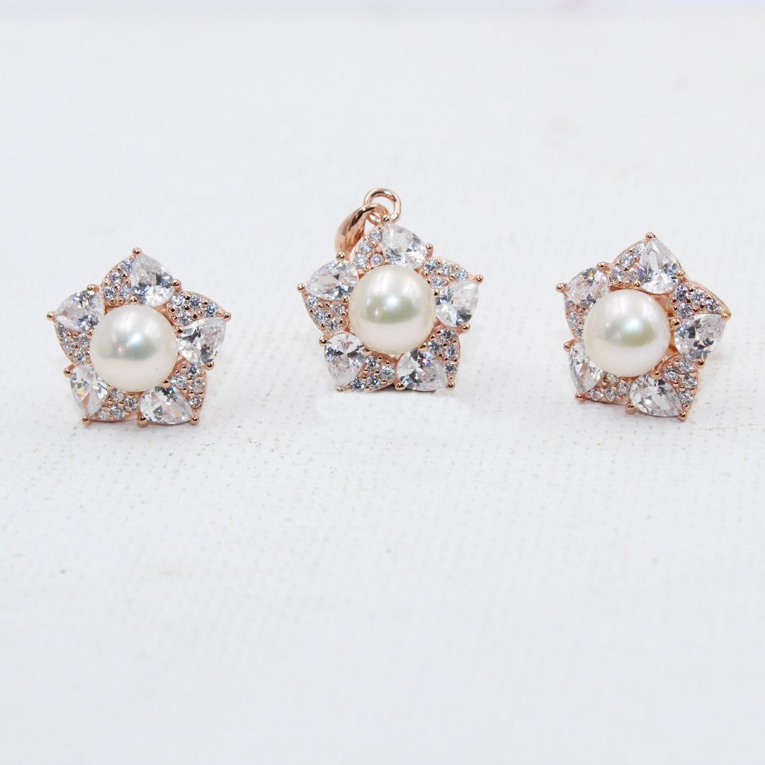 Rose Gold Pearl & CZ Floral 925 Sterling Silver Jewelry Set