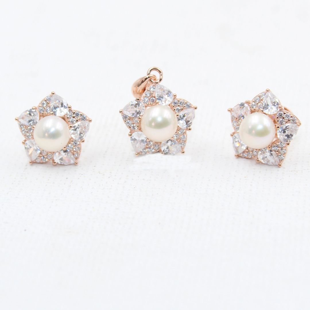Rose Gold Pearl & CZ Floral 925 Sterling Silver Jewelry Set