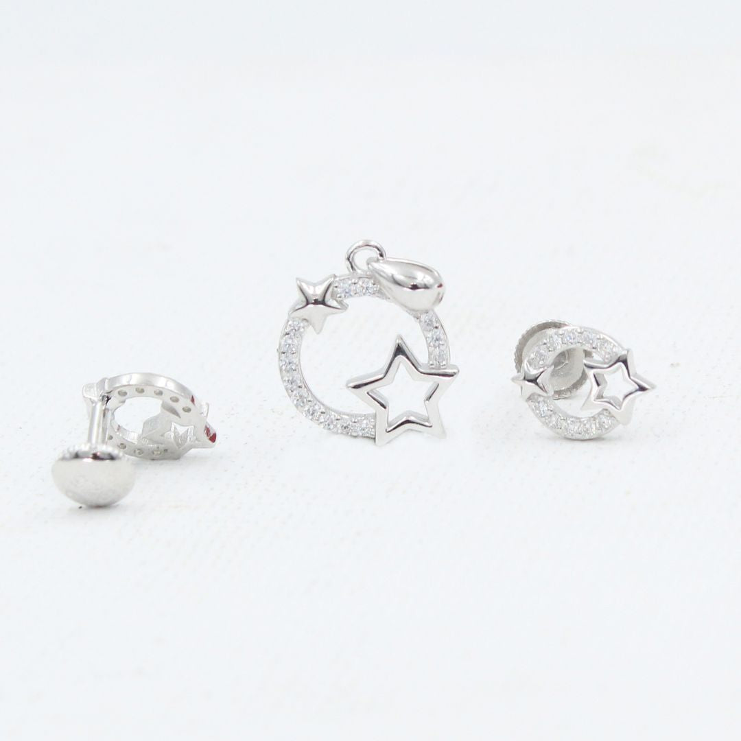 Silver Star & Circle CZ Pendant Set | Trendy Modern Star Design 925 sterling silver  Jewelry Set for Little Rising Stars