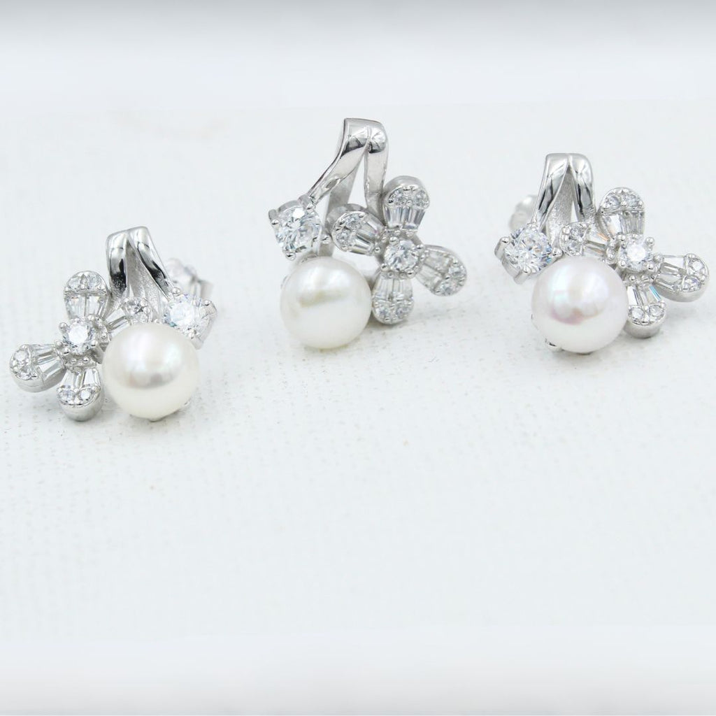 Silver Pearl Floral Stud Earrings with Cubic Zirconia 925 Sterling Silver Jewelry Set