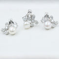 Silver Pearl Floral Stud Earrings with Cubic Zirconia 925 Sterling Silver Jewelry Set