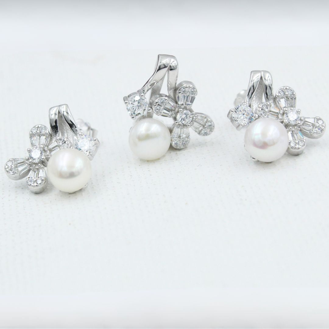 Silver Pearl Floral Stud Earrings with Cubic Zirconia 925 Sterling Silver Jewelry Set