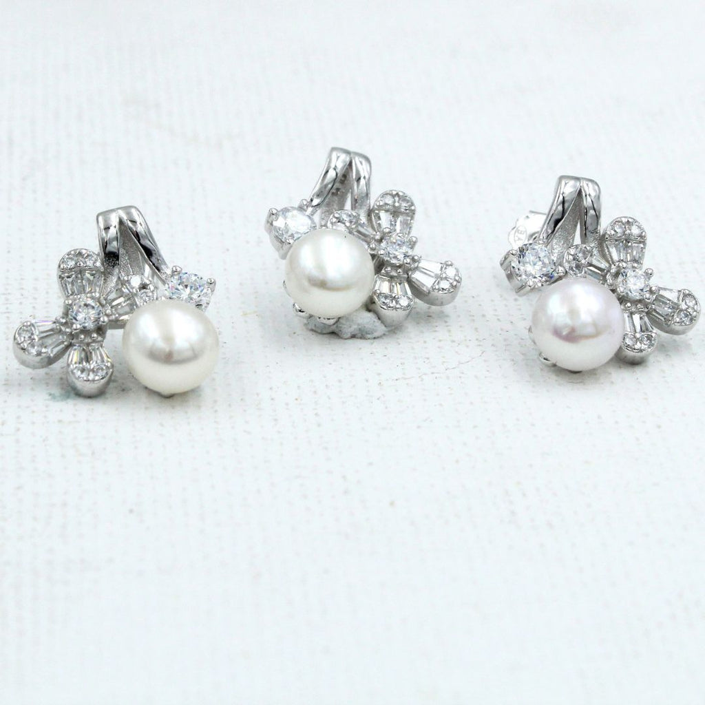 Silver Pearl Floral Stud Earrings with Cubic Zirconia 925 Sterling Silver Jewelry Set