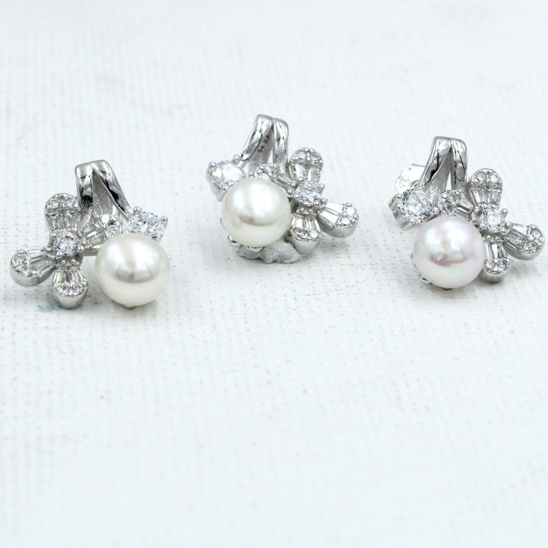 Silver Pearl Floral Stud Earrings with Cubic Zirconia 925 Sterling Silver Jewelry Set