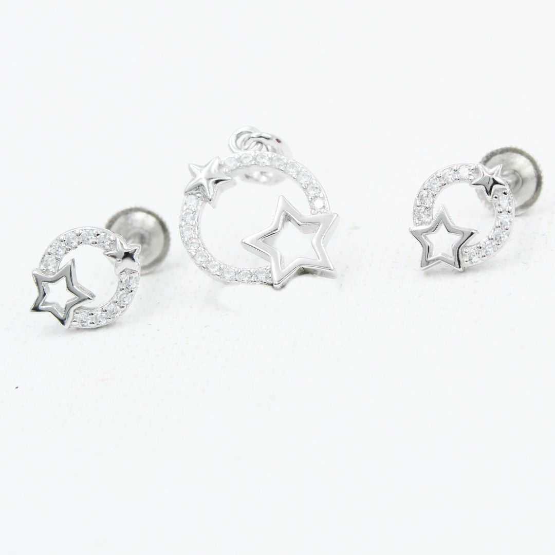 Silver Star & Circle CZ Pendant Set | Trendy Modern Star Design 925 sterling silver  Jewelry Set for Little Rising Stars