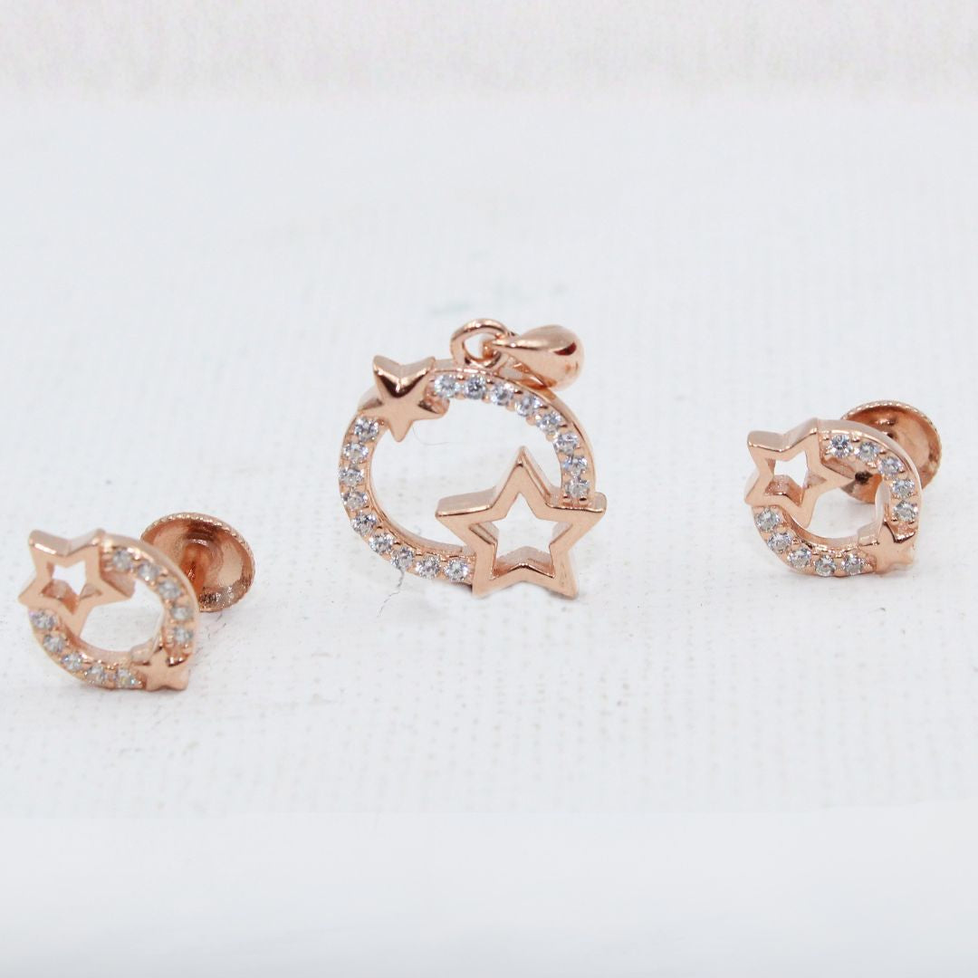 Rose Gold Star Circle CZ 925 Sterling Silver Pendant Set