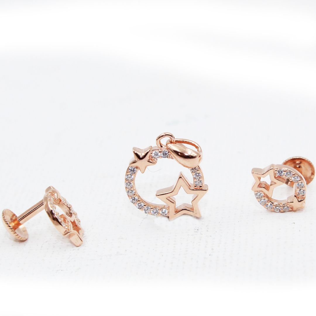 Rose Gold Star Circle CZ 925 Sterling Silver Pendant Set