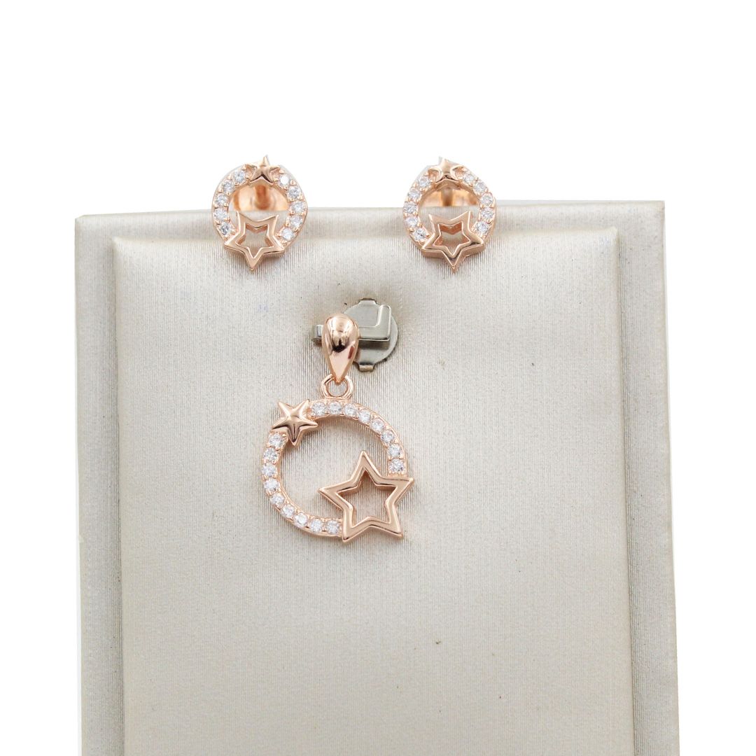 Rose Gold Star Circle CZ 925 Sterling Silver Pendant Set