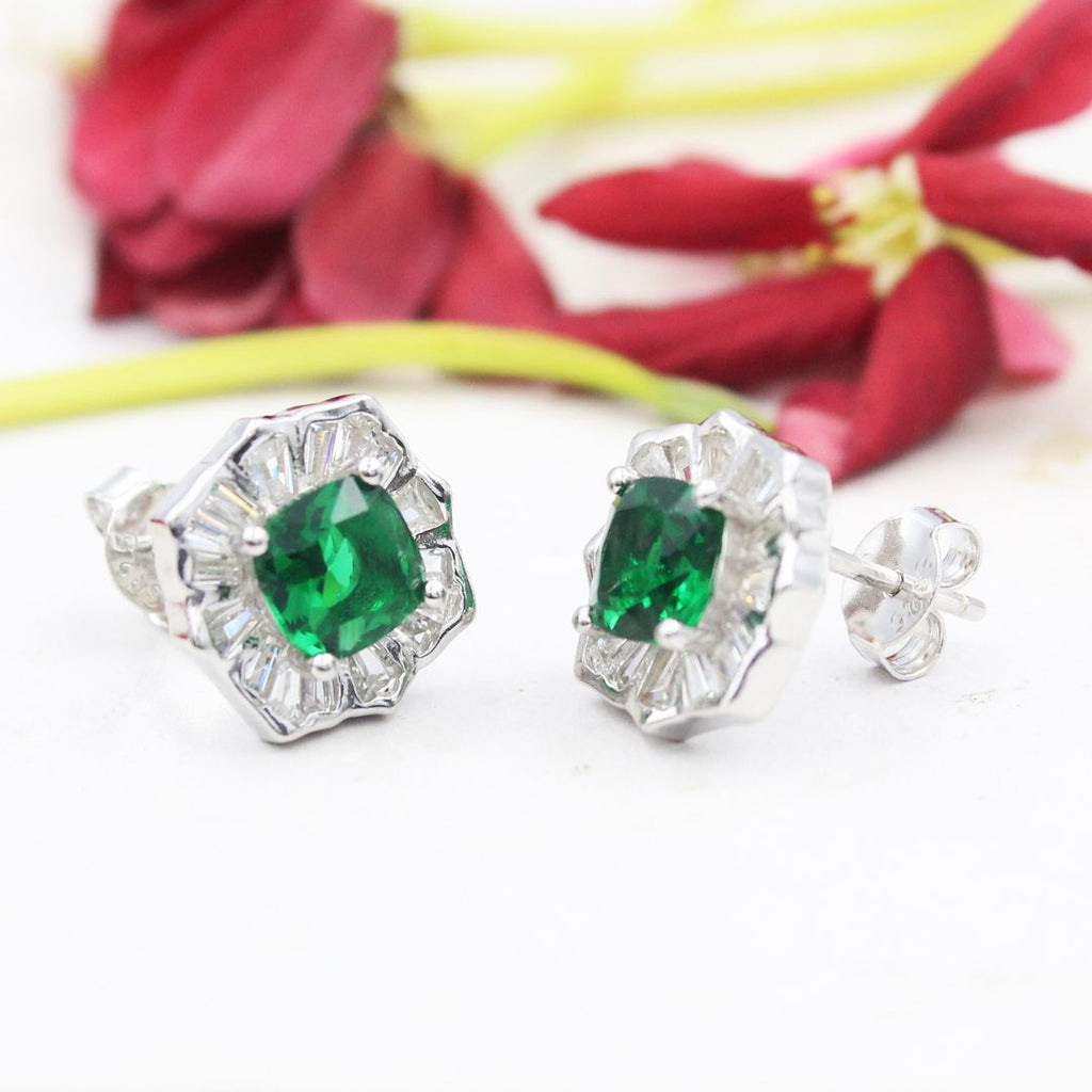 Green Emerald Pendant  Stud Earrings 925 Sterling Silver Emerald Set