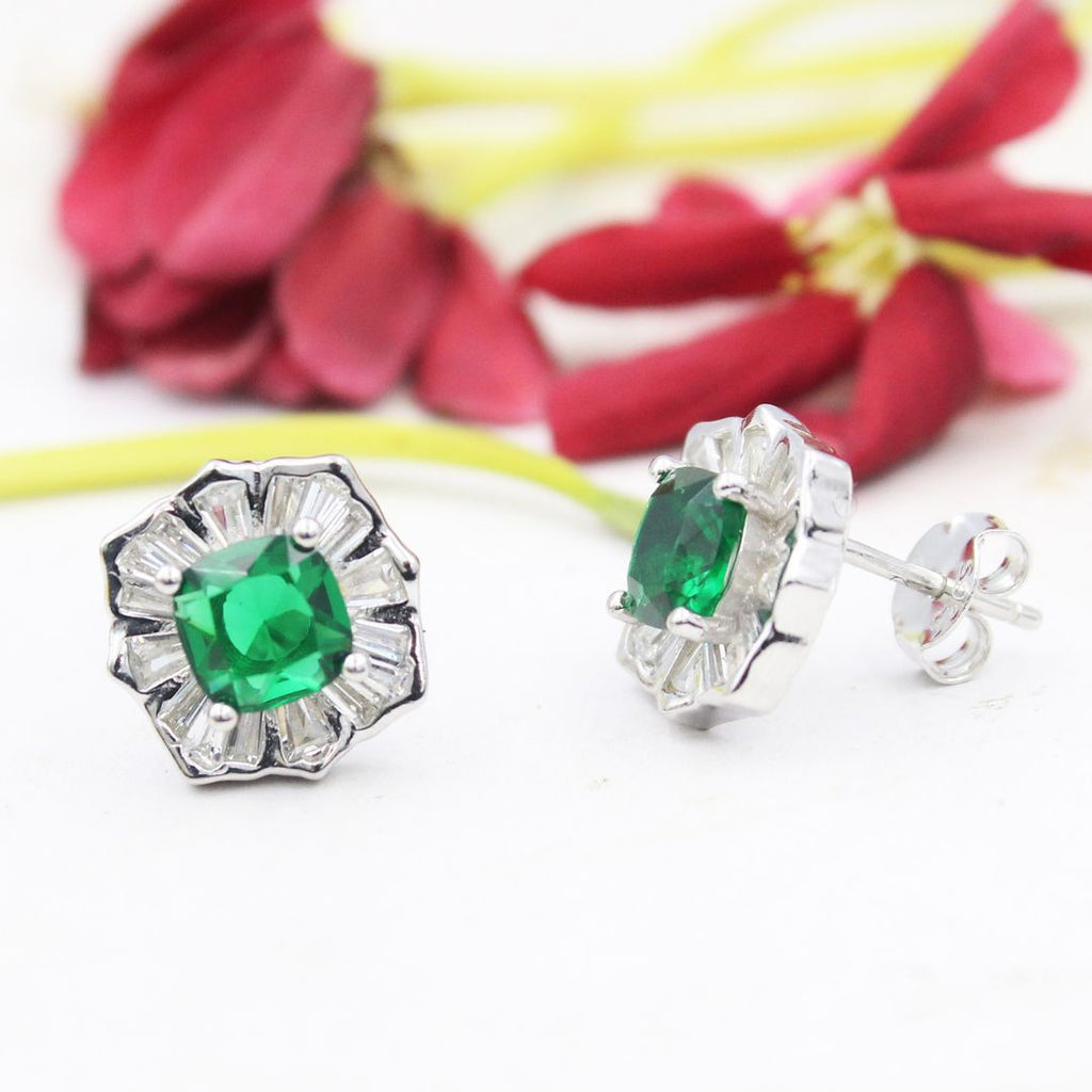 Green Emerald Pendant  Stud Earrings 925 Sterling Silver Emerald Set