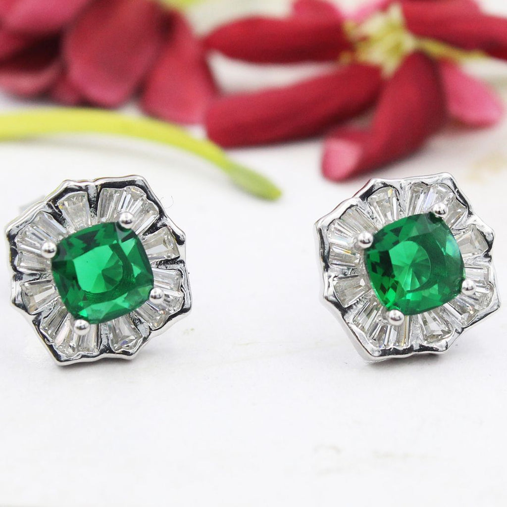 Green Emerald Pendant  Stud Earrings 925 Sterling Silver Emerald Set