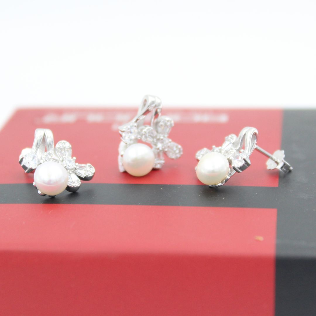 Silver Pearl Floral Stud Earrings with Cubic Zirconia 925 Sterling Silver Jewelry Set