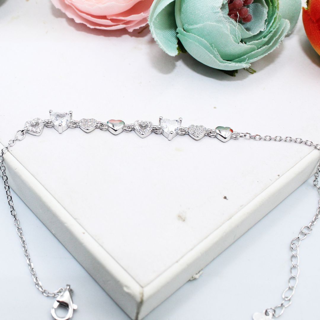 Heart CZ Bracelet, 925 Sterling Silver Adjustable Love Jewelry