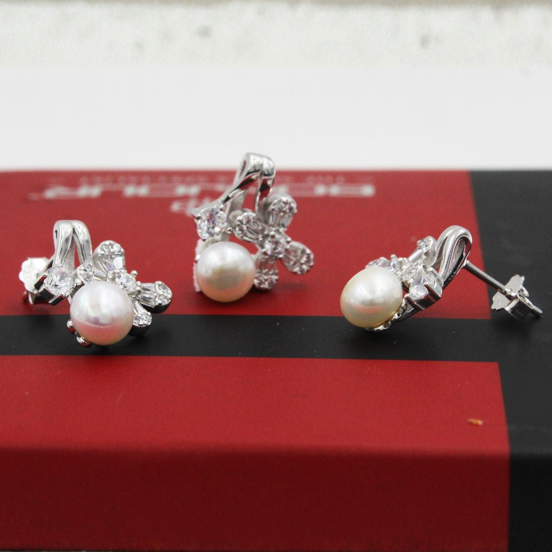 Silver Pearl Floral Stud Earrings with Cubic Zirconia 925 Sterling Silver Jewelry Set