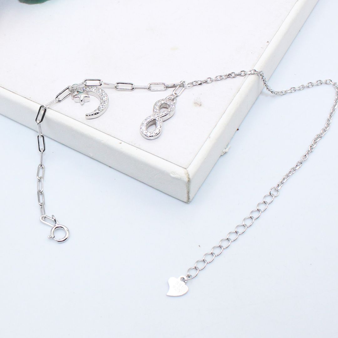 Cubic Zirconia 925 Sterling Silver Infinity Moon Charm Bracelet