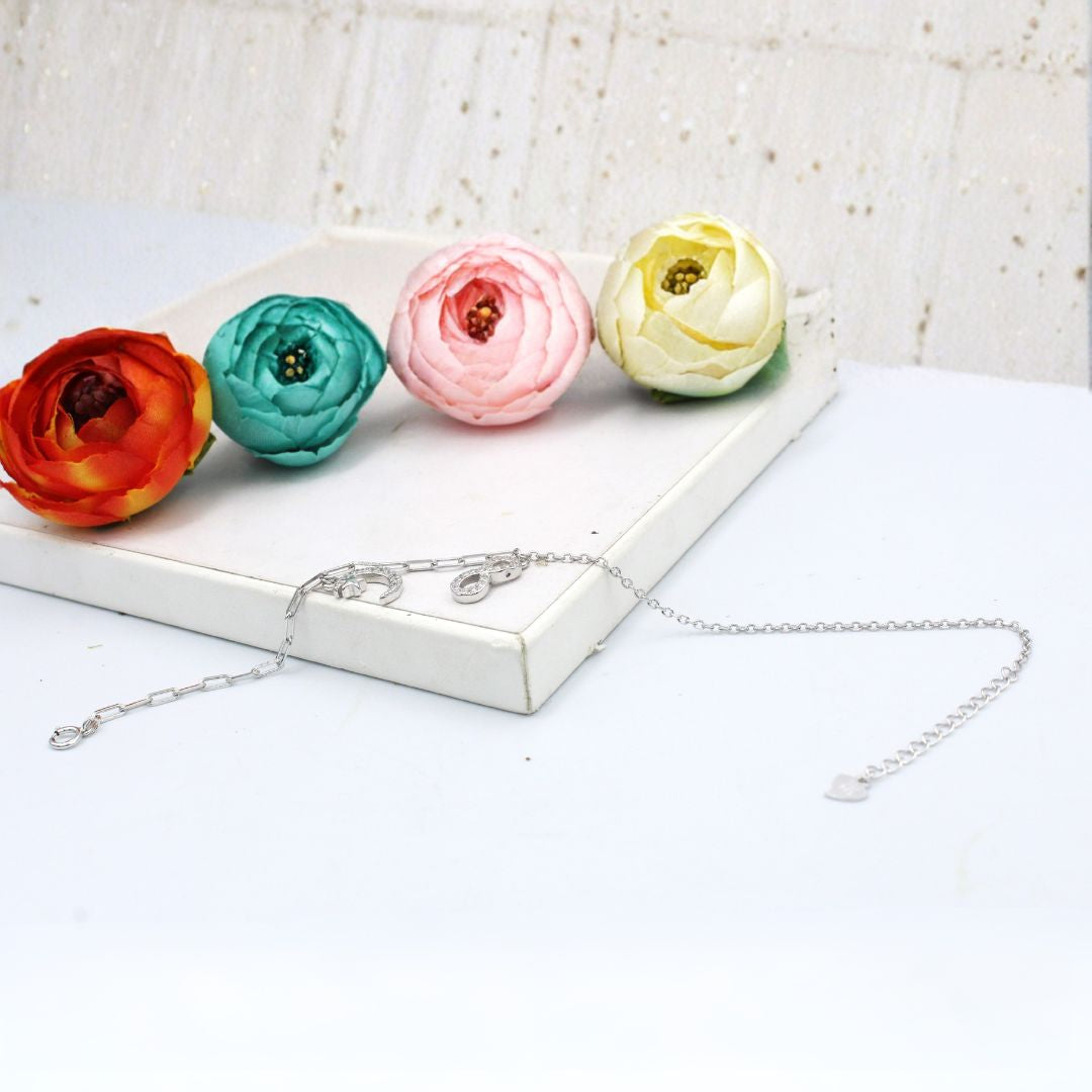 Cubic Zirconia 925 Sterling Silver Infinity Moon Charm Bracelet