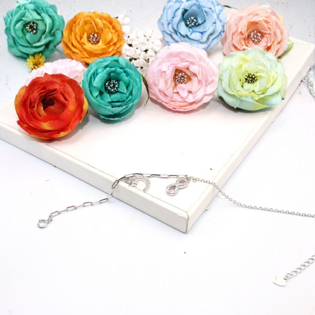 Cubic Zirconia 925 Sterling Silver Infinity Moon Charm Bracelet