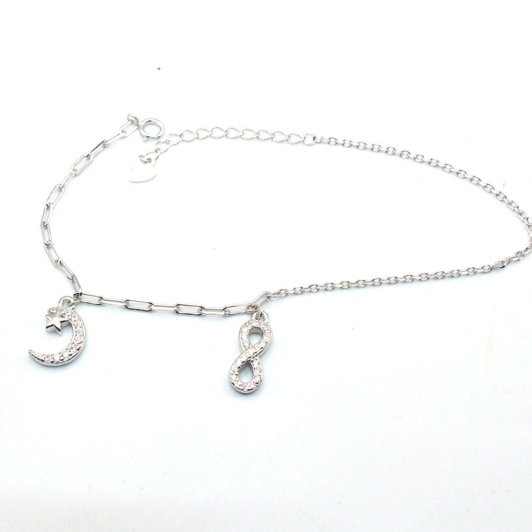 Cubic Zirconia 925 Sterling Silver Infinity Moon Charm Bracelet