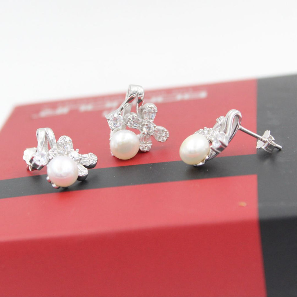 Silver Pearl Floral Stud Earrings with Cubic Zirconia 925 Sterling Silver Jewelry Set