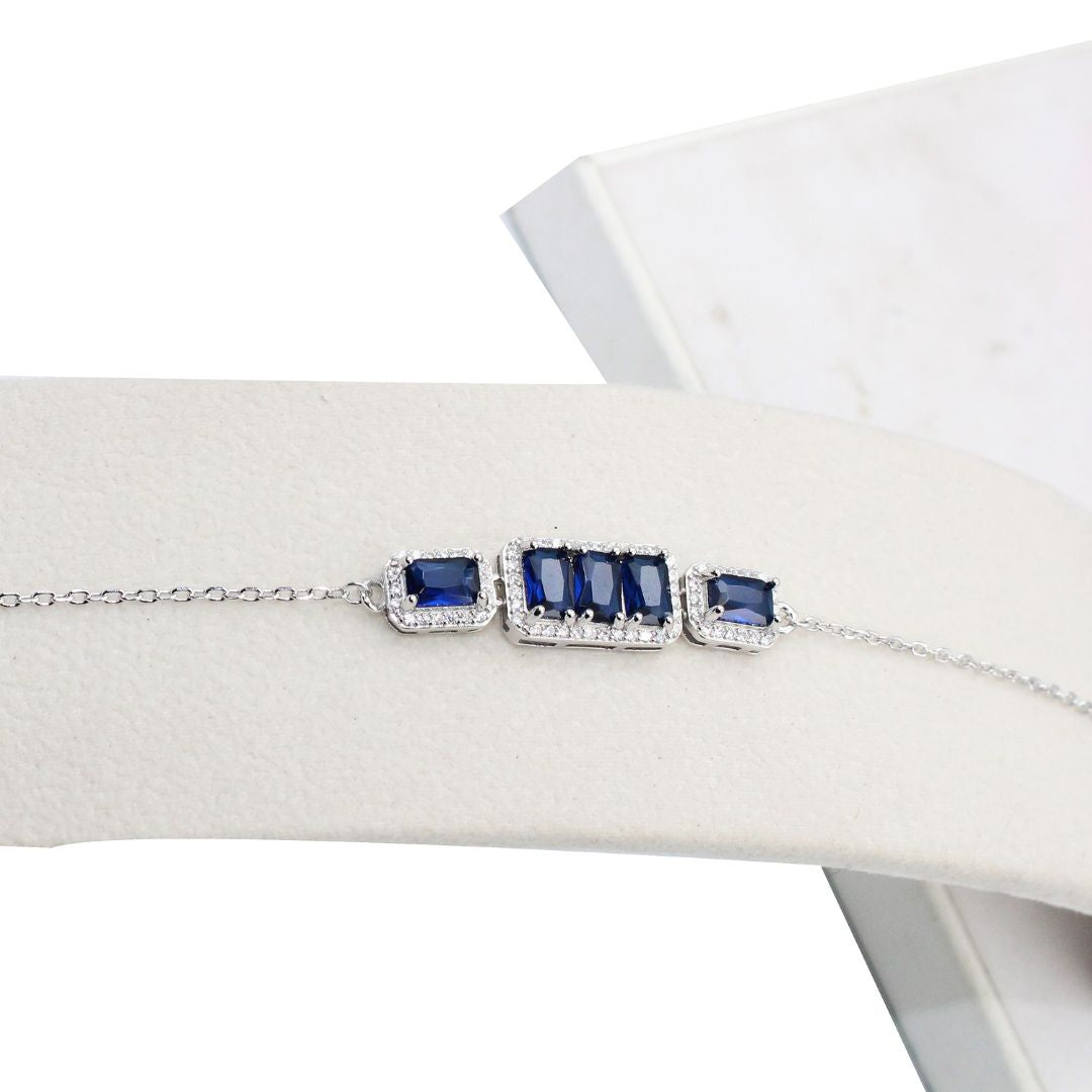 925 Sterling Silver Blue Sapphire Adjustable Bracelet for Women | Elegant Baguette Stone Chain Bracelet | Gift for Her