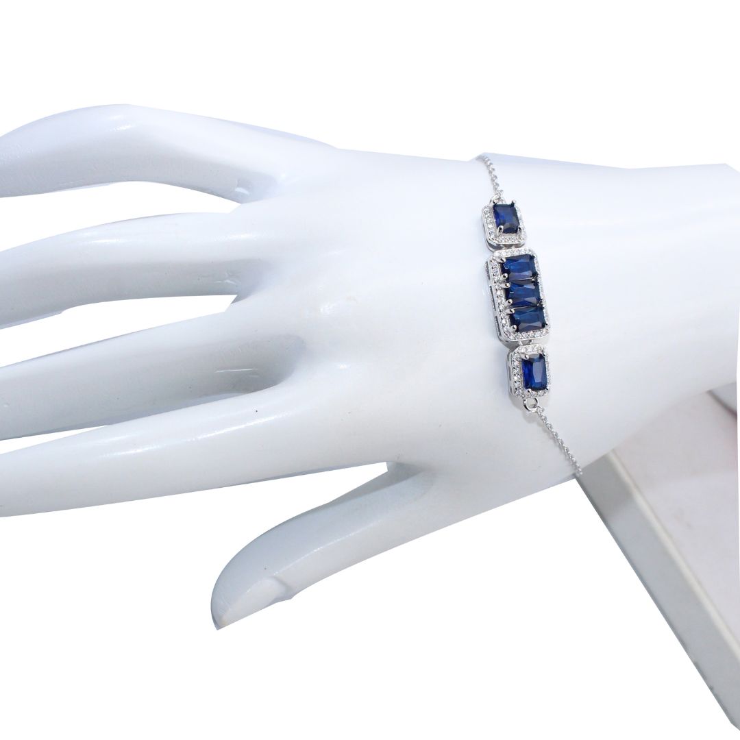 925 Sterling Silver Blue Sapphire Adjustable Bracelet for Women | Elegant Baguette Stone Chain Bracelet | Gift for Her