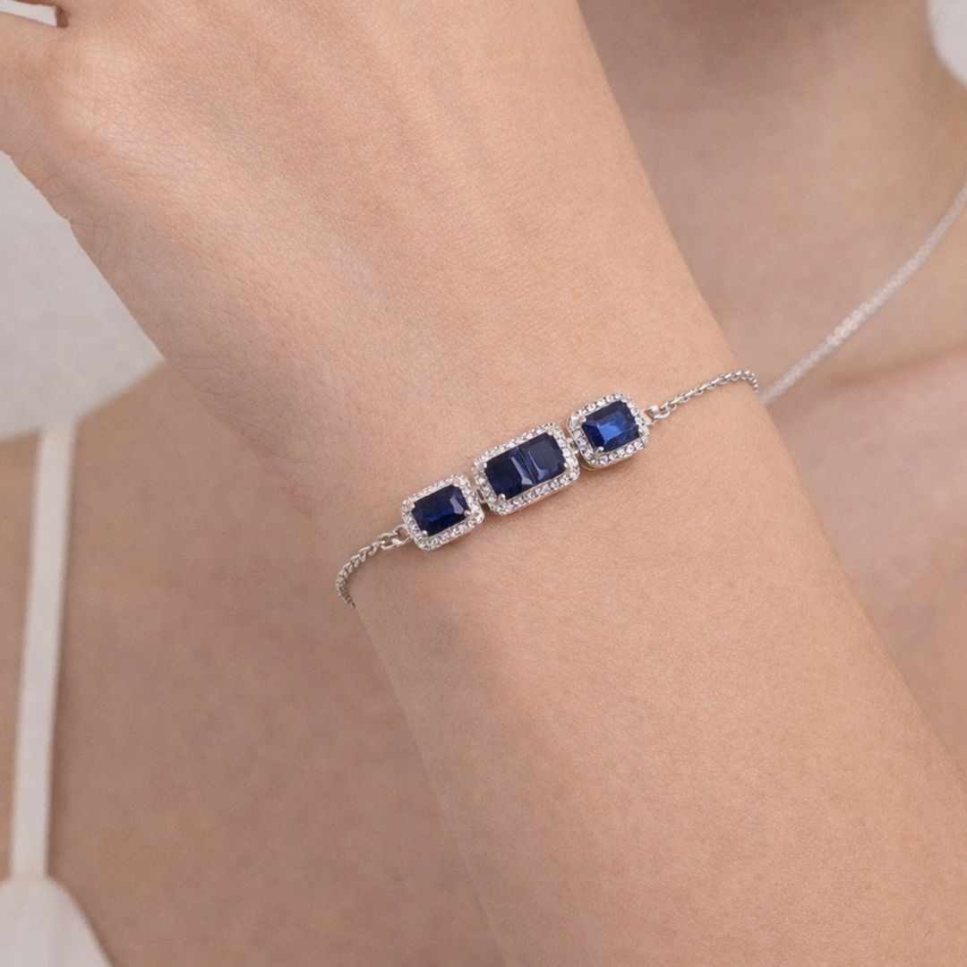 925 Sterling Silver Blue Sapphire Adjustable Bracelet for Women | Elegant Baguette Stone Chain Bracelet | Gift for Her