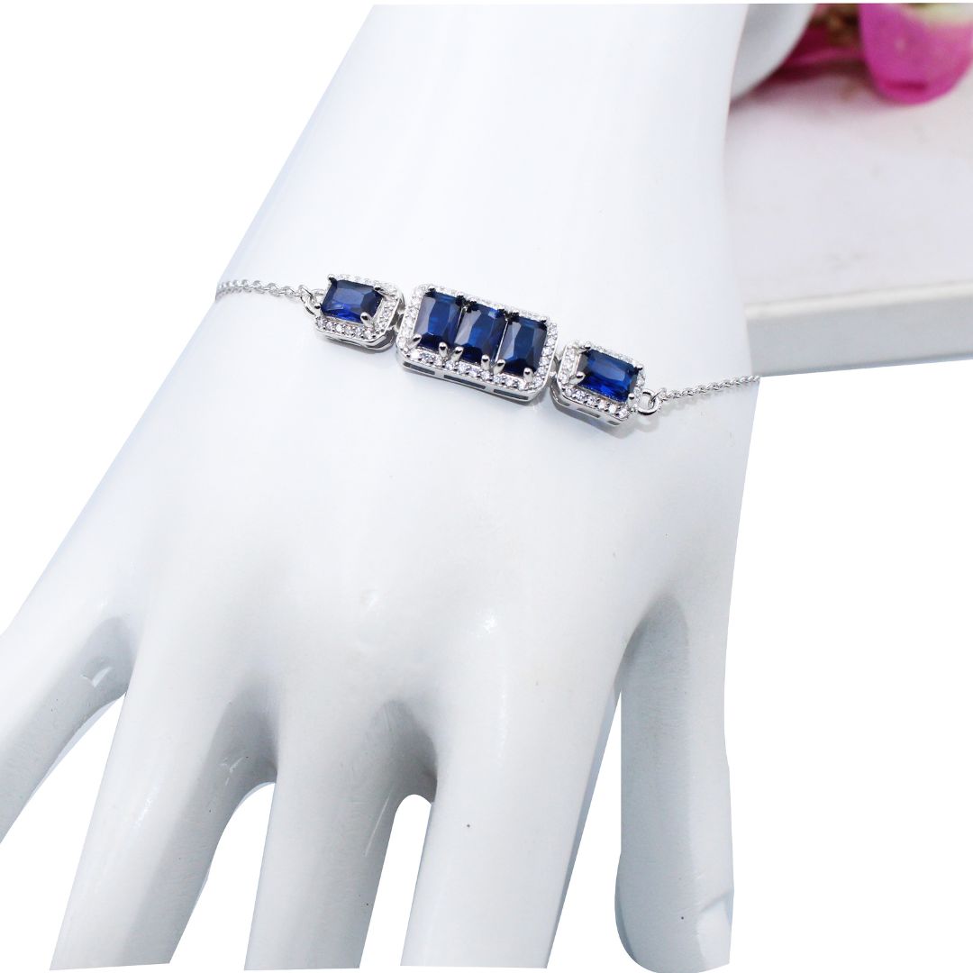 925 Sterling Silver Blue Sapphire Adjustable Bracelet for Women | Elegant Baguette Stone Chain Bracelet | Gift for Her