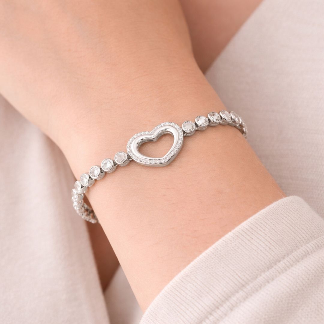 Heart CZ Bracelet, 925 Sterling Silver Tennis Bracelet