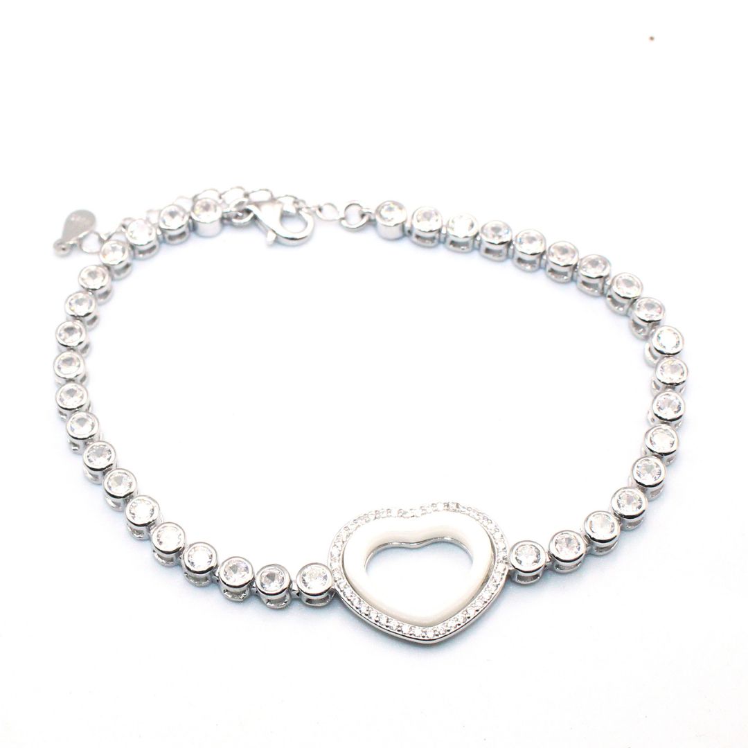 Heart CZ Bracelet, 925 Sterling Silver Tennis Bracelet