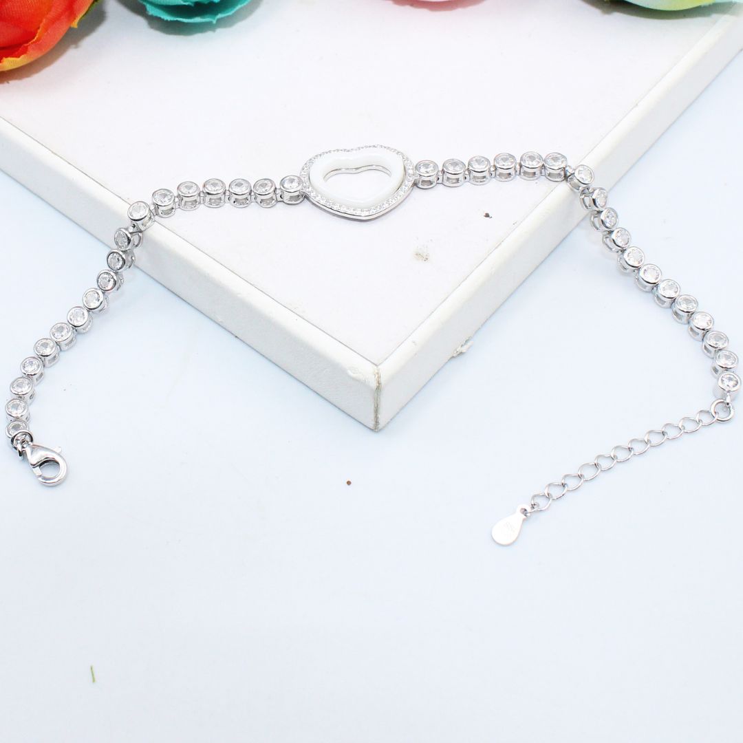 Heart CZ Bracelet, 925 Sterling Silver Tennis Bracelet