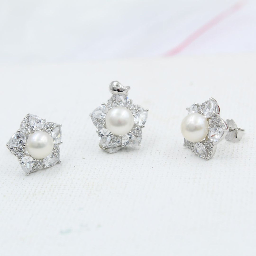 Silver Pearl & CZ Floral 925 Sterling Silver Pendant Earring Set