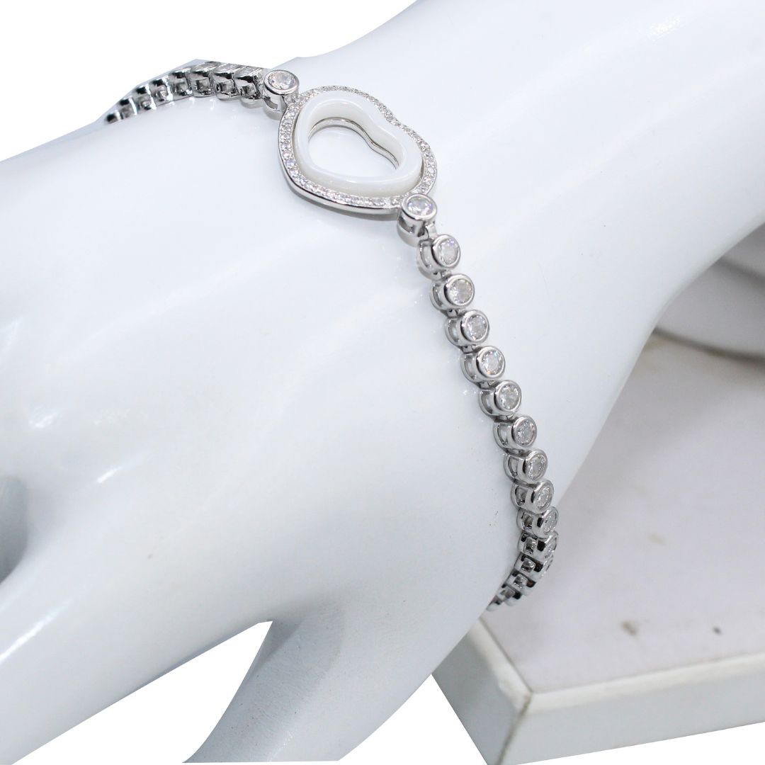 Heart CZ Bracelet, 925 Sterling Silver Tennis Bracelet