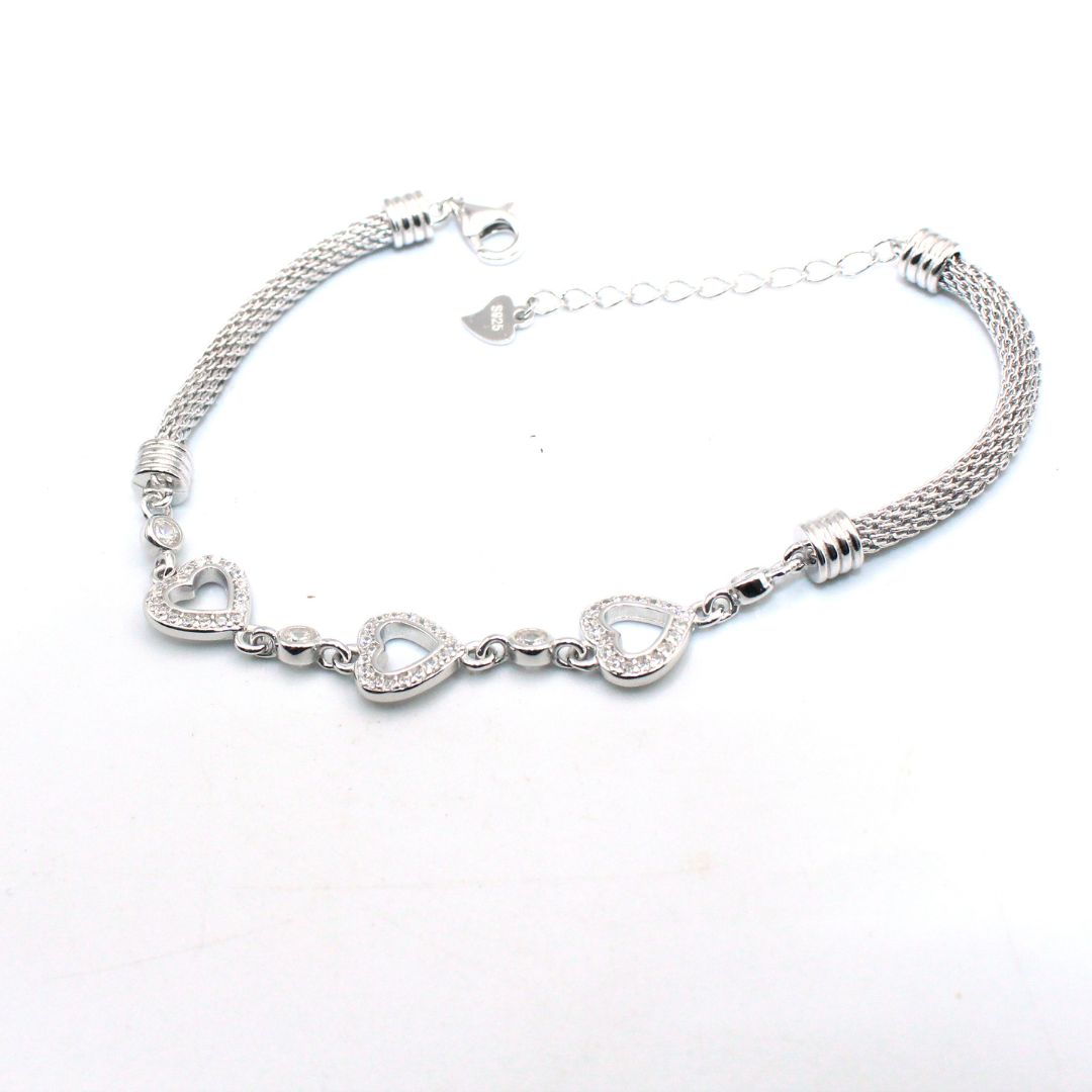 Heart 925 Sterling Silver Bracelet, Cubic Zirconia, Adjustable Snake Chain