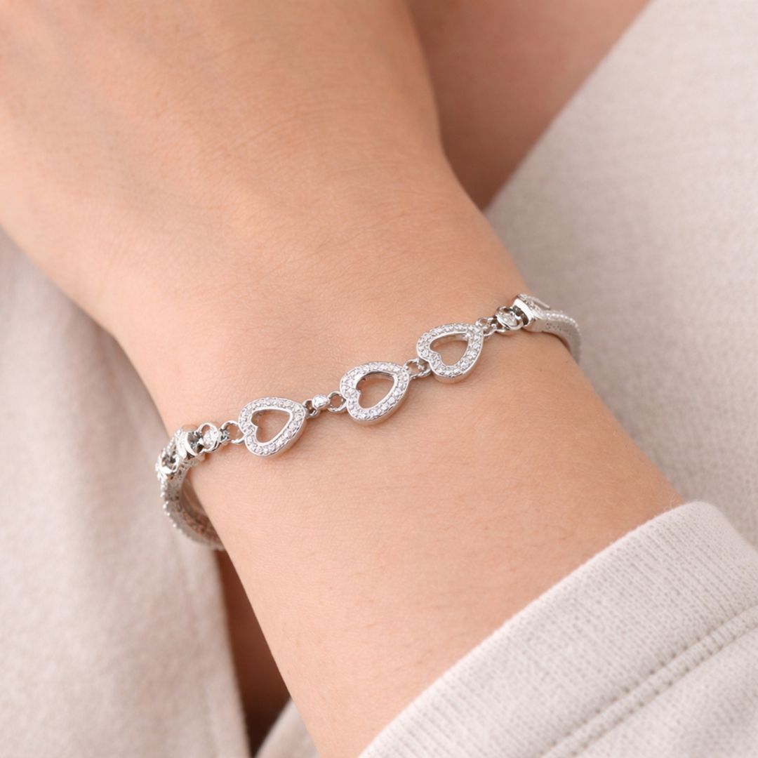 Heart 925 Sterling Silver Bracelet, Cubic Zirconia, Adjustable Snake Chain