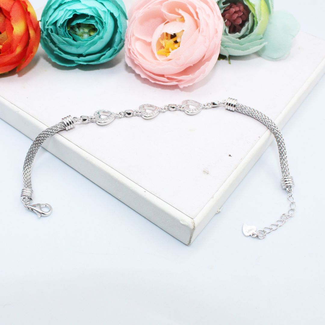 Heart 925 Sterling Silver Bracelet, Cubic Zirconia, Adjustable Snake Chain