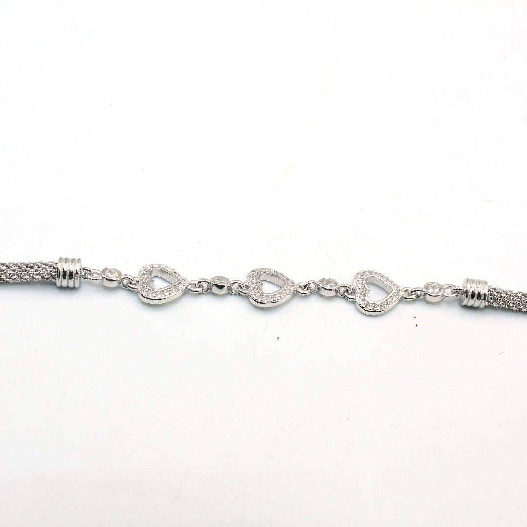 Heart 925 Sterling Silver Bracelet, Cubic Zirconia, Adjustable Snake Chain