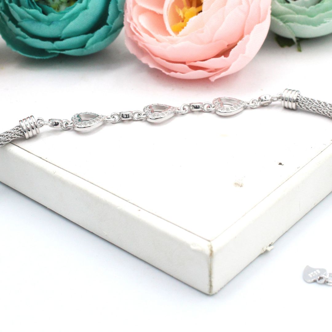 Heart 925 Sterling Silver Bracelet, Cubic Zirconia, Adjustable Snake Chain