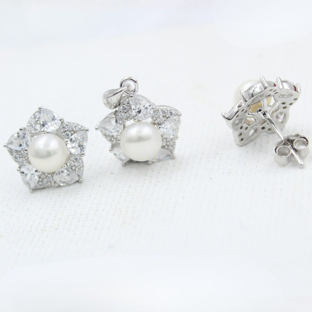 Silver Pearl & CZ Floral 925 Sterling Silver Pendant Earring Set