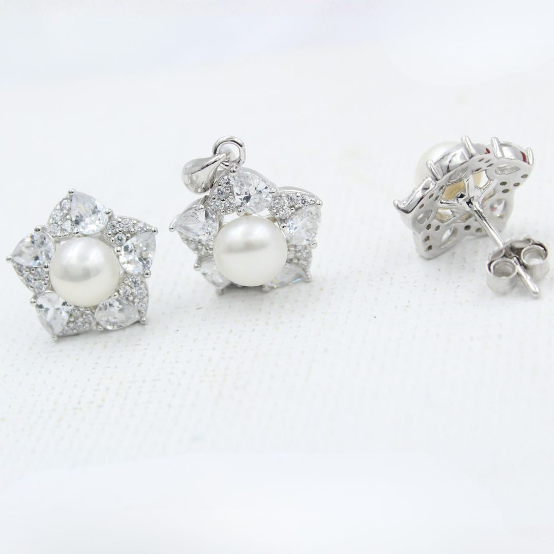 Silver Pearl & CZ Floral 925 Sterling Silver Pendant Earring Set