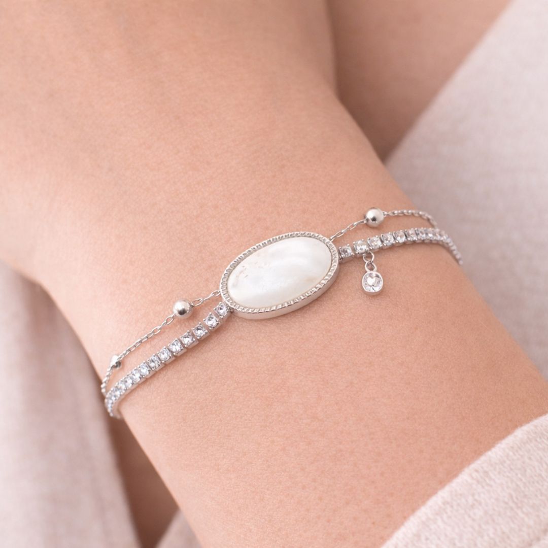 Mother of Pearl Bracelet, Double Chain CZ, 925 Sterling Silver