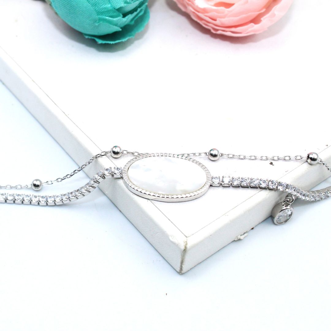 Mother of Pearl Bracelet, Double Chain CZ, 925 Sterling Silver