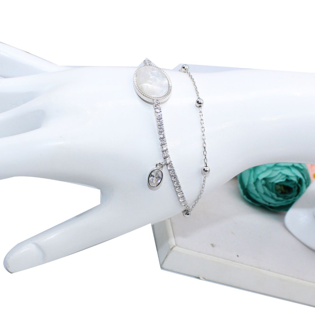 Mother of Pearl Bracelet, Double Chain CZ, 925 Sterling Silver