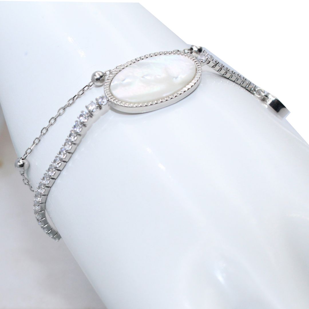 Mother of Pearl Bracelet, Double Chain CZ, 925 Sterling Silver