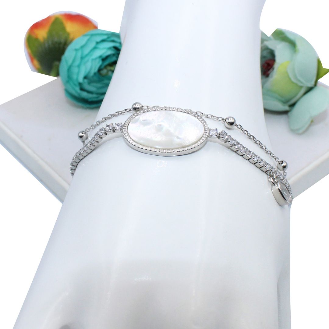 Mother of Pearl Bracelet, Double Chain CZ, 925 Sterling Silver